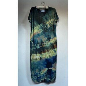 Vintage Rough Tumble  One of a Kind Hand Dyed Midi Dress Short Sleeve Blue Gren